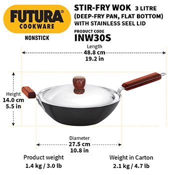 Induction Compatible Nonstick Stir-Fry Wok (Deep-Fry Pan) 3 Litre with Stainless Steel Lid (3.25 mm Thick) (INW30S) - Image 3