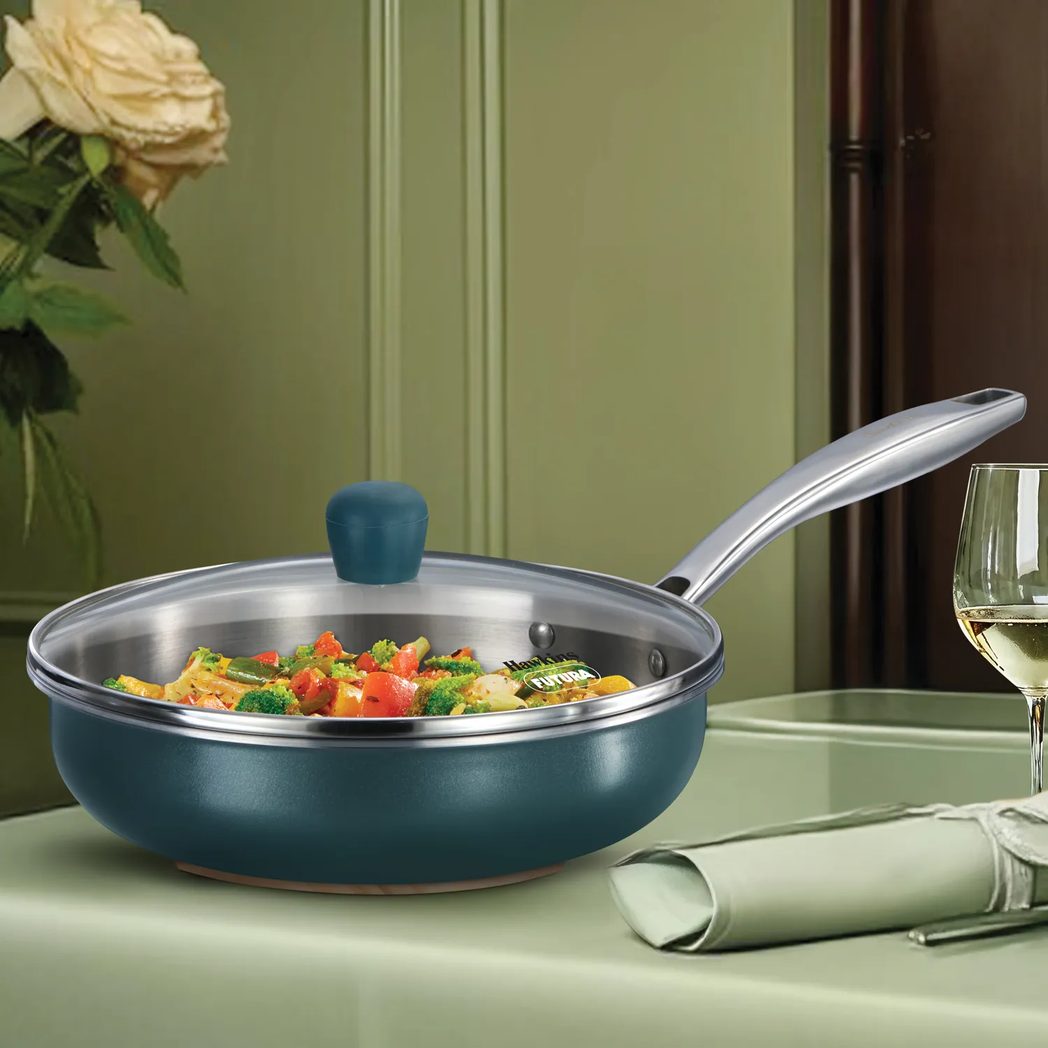 Induction Compatible Olive PRO Frying Pan 22 cm with Glass Lid (POSF22G)