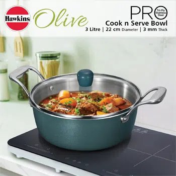 Induction Compatible Olive Pro 3 Litre SS Tri-Ply Cook n Serve Bowl with Glass Lid (POSC30G) - Image 2