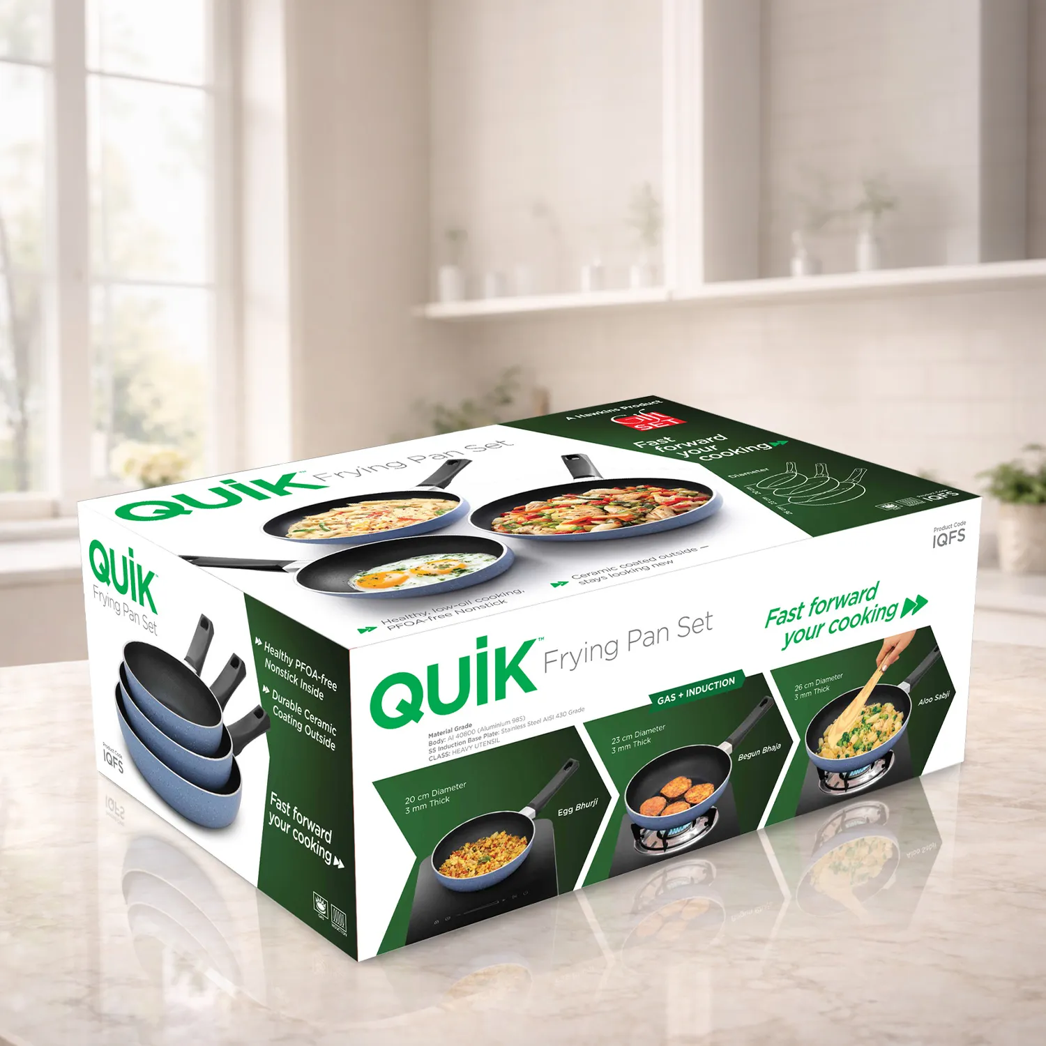 Induction Compatible Quik Kitchen Gift Pack - a set of 3 Frying Pans (IQFS)