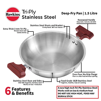 Induction Compatible SS Tri-ply Deep Kadhai 1.5 Litre (3 mm Thick) (SSD15) - Image 3