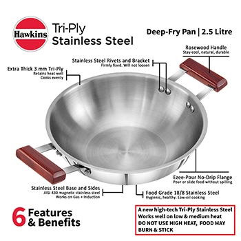 Induction Compatible SS Tri-ply Deep Kadhai 2.5 Litre (3 mm Thick) (SSD25) - Image 3