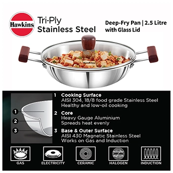 Induction Compatible SS Tri-ply Deep Kadhai 2.5 Litre with Glass Lid (3 mm Thick) (SSD25G) - Image 2