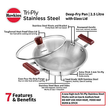 Induction Compatible SS Tri-ply Deep Kadhai 2.5 Litre with Glass Lid (3 mm Thick) (SSD25G) - Image 3