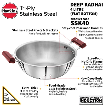 Induction Compatible SS Tri-ply Deep Kadhai 4 Litre (SSK40) - Image 3