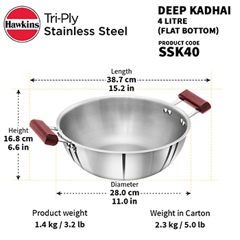 Induction Compatible SS Tri-ply Deep Kadhai 4 Litre (SSK40) - Image 4
