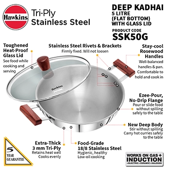 Induction Compatible SS Tri-ply Deep Kadhai 5 Litre with Glass Lid (SSK50G) - Image 3