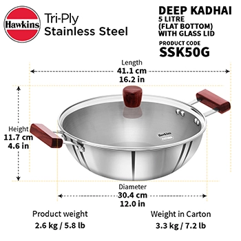 Induction Compatible SS Tri-ply Deep Kadhai 5 Litre with Glass Lid (SSK50G) - Image 4
