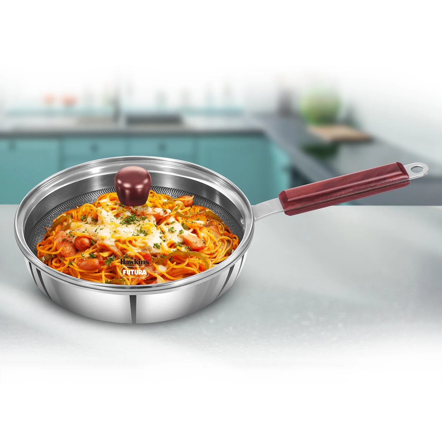 Induction Compatible SS Tri-ply Frying Pan with Shielded Nonstick 22 cm with Glass Lid (NSF22G)
