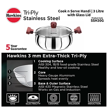 Induction Compatible SS Tri-ply Handi 3 Litre with Glass Lid (3 mm Thick) (SSH30G) - Image 2