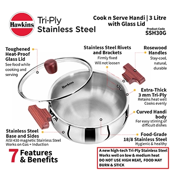 Induction Compatible SS Tri-ply Handi 3 Litre with Glass Lid (3 mm Thick) (SSH30G) - Image 3