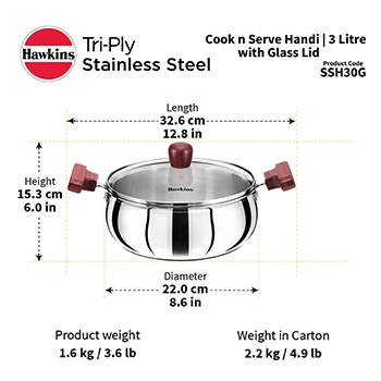 Induction Compatible SS Tri-ply Handi 3 Litre with Glass Lid (3 mm Thick) (SSH30G) - Image 5
