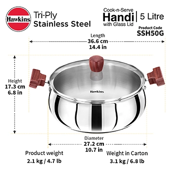 Induction Compatible SS Tri-ply Handi 5 Litre with Glass lid (SSH50G) - Image 4