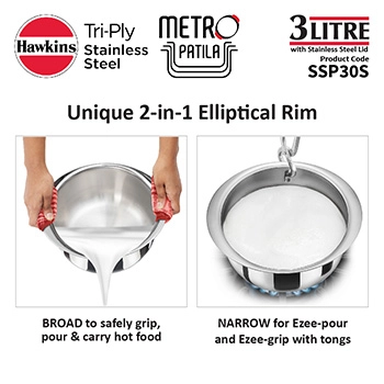 Induction Compatible SS Tri-ply Metro Patila 3 Litre with Stainless Steel Lid (SSP30S) - Image 2