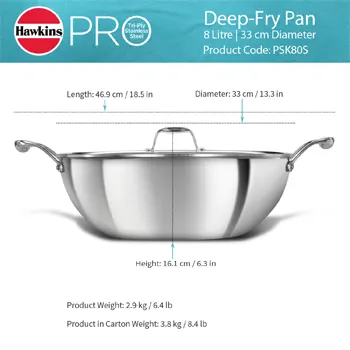 Induction Compatible SS Tri-ply PRO Deep-Fry Pan 8 Litre with Stainless Steel Lid (PSK80S) - Image 5