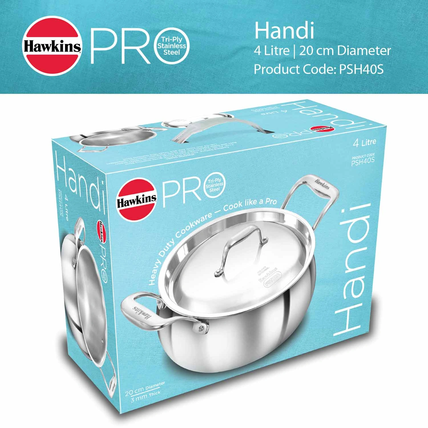 Induction Compatible SS Tri-ply PRO Handi 4 Litre with Stainless Steel Lid (PSH40S) - Image 6