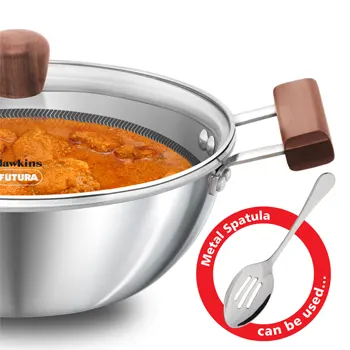 Induction Compatible SS Tri-ply Shielded Nonstick Deep Kadhai 2.5 Litre with Glass Lid (NSDK25G) - Image 3