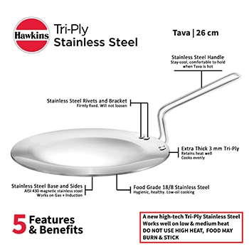 Induction Compatible SS Tri-ply Tava 26 cm (3.5 mm Thick) (SSTV26) - Image 3