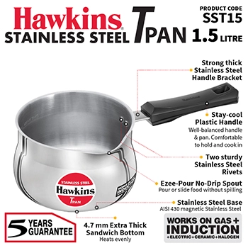 Induction Compatible Stainless SteelTPan 1.5 Litre (4.7 mm Thick) (SST15) - Image 2
