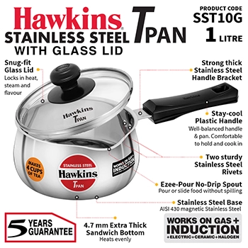 Induction Compatible Stainless SteelTPan 1 Litre with Glass Lid (4.7 mm Thick) (SST10G) - Image 2