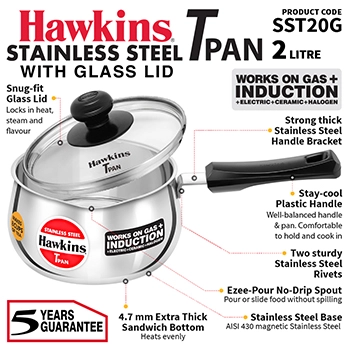 Induction Compatible Stainless SteelTPan 2 Litre with Glass Lid (SST20G) - Image 2