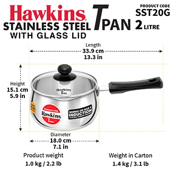 Induction Compatible Stainless SteelTPan 2 Litre with Glass Lid (SST20G) - Image 3