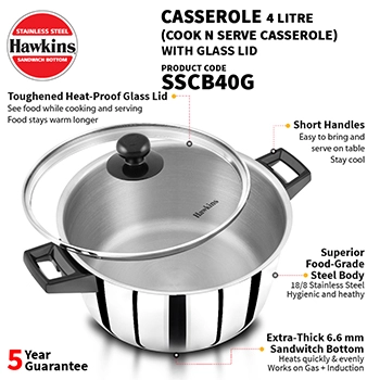 Induction Compatible Stainless Steel Cook n Serve Casserole 4 Litre with Glass Lid (SSCB40G) - Image 2