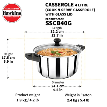 Induction Compatible Stainless Steel Cook n Serve Casserole 4 Litre with Glass Lid (SSCB40G) - Image 3