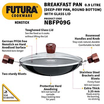 Nonstick Breakfast Pan (Appachatty) 0.9 Litre with Glass Lid (NBFP09G) - Image 2