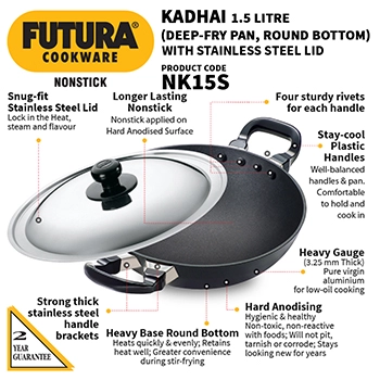 Nonstick Deep-Fry Pan 1.5 Litre with Stainless Steel Lid (Round Bottom, 3.25 mm Thick) (NK15S) - Image 2
