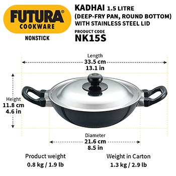 Nonstick Deep-Fry Pan 1.5 Litre with Stainless Steel Lid (Round Bottom, 3.25 mm Thick) (NK15S) - Image 3