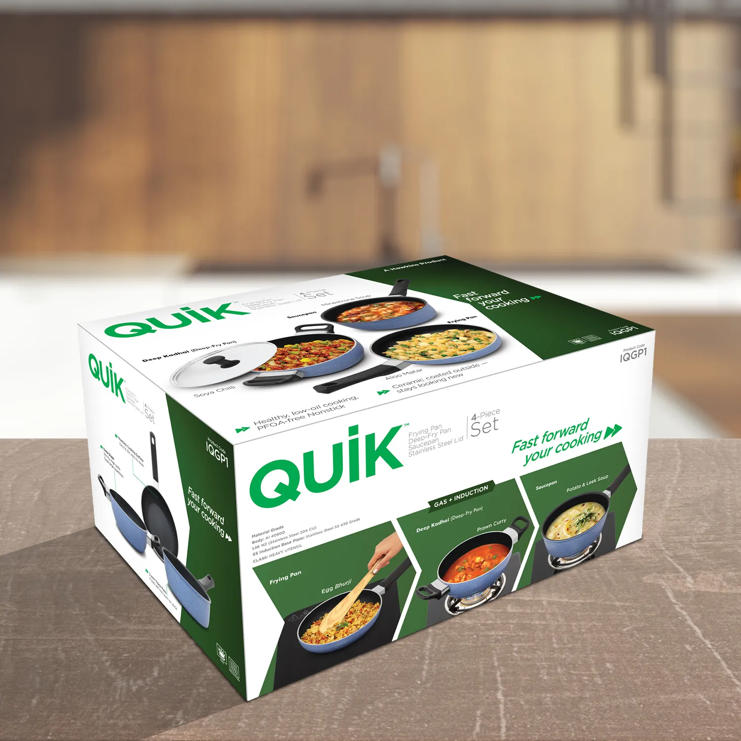 Quik Nonstick Induction 4 Piece Cookware Set of Deep Kadhai, Frying Pan, Saucepan and Stainless Steel Lid | Kitchen Gift Pack (IQGP1)
