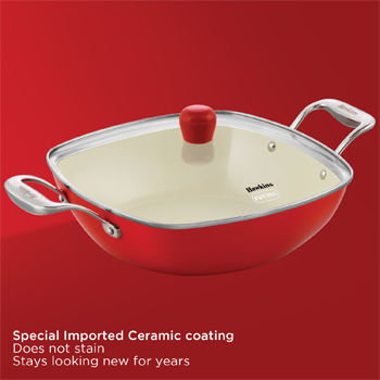 Qué Cerá Cerá 3 Litre Ceramic Coated Kadhai |Square Kadai | Unique Squircle shape - Square mouth Round base | with Glass Lid |Red (ICQK30G) - Image 3