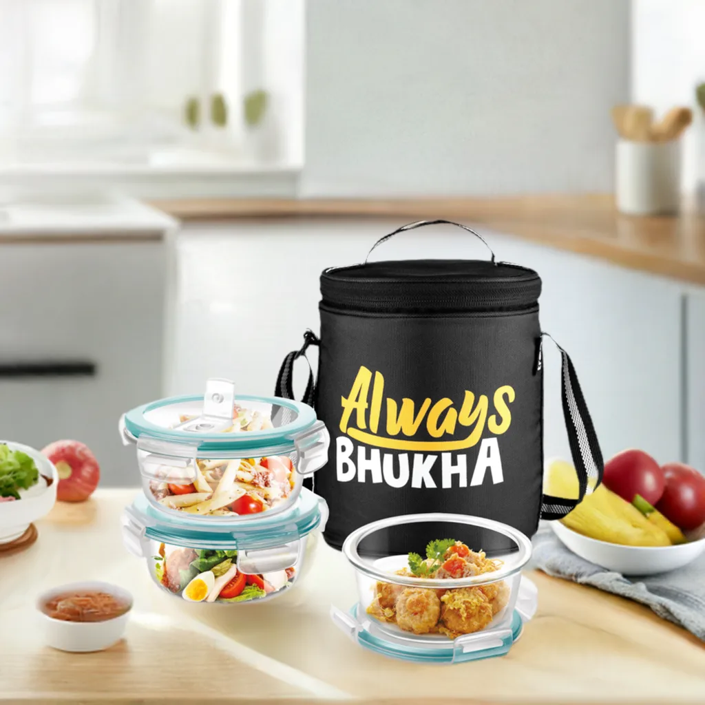 "Always Bhukha" - Glass Tiffin with Printed Jacket (Milton) - Image 2