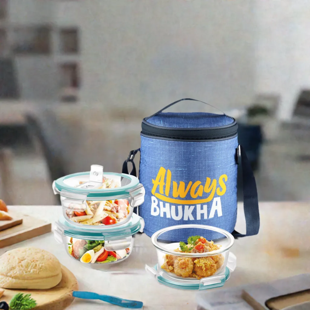 "Always Bhukha" - Glass Tiffin with Printed Jacket (Milton) - Image 3