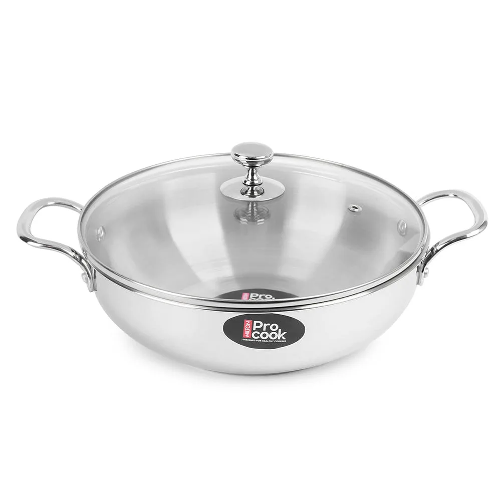 Kadhai with Glass Lid Stainless Steel Sandwich Bottom (Milton Procook)