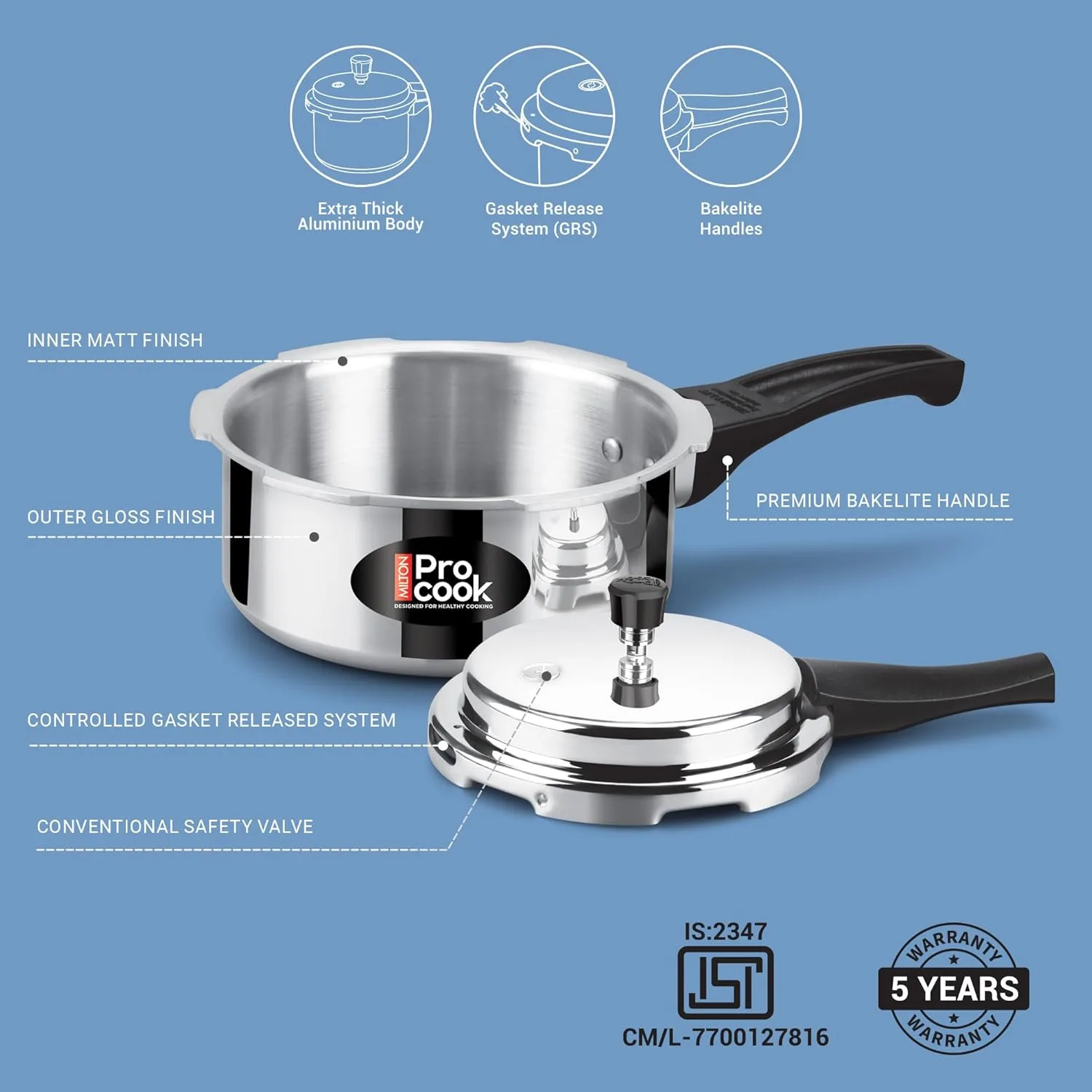 Pressure Cooker Aluminium Outer Lid Induction (Milton Procook) - Image 8