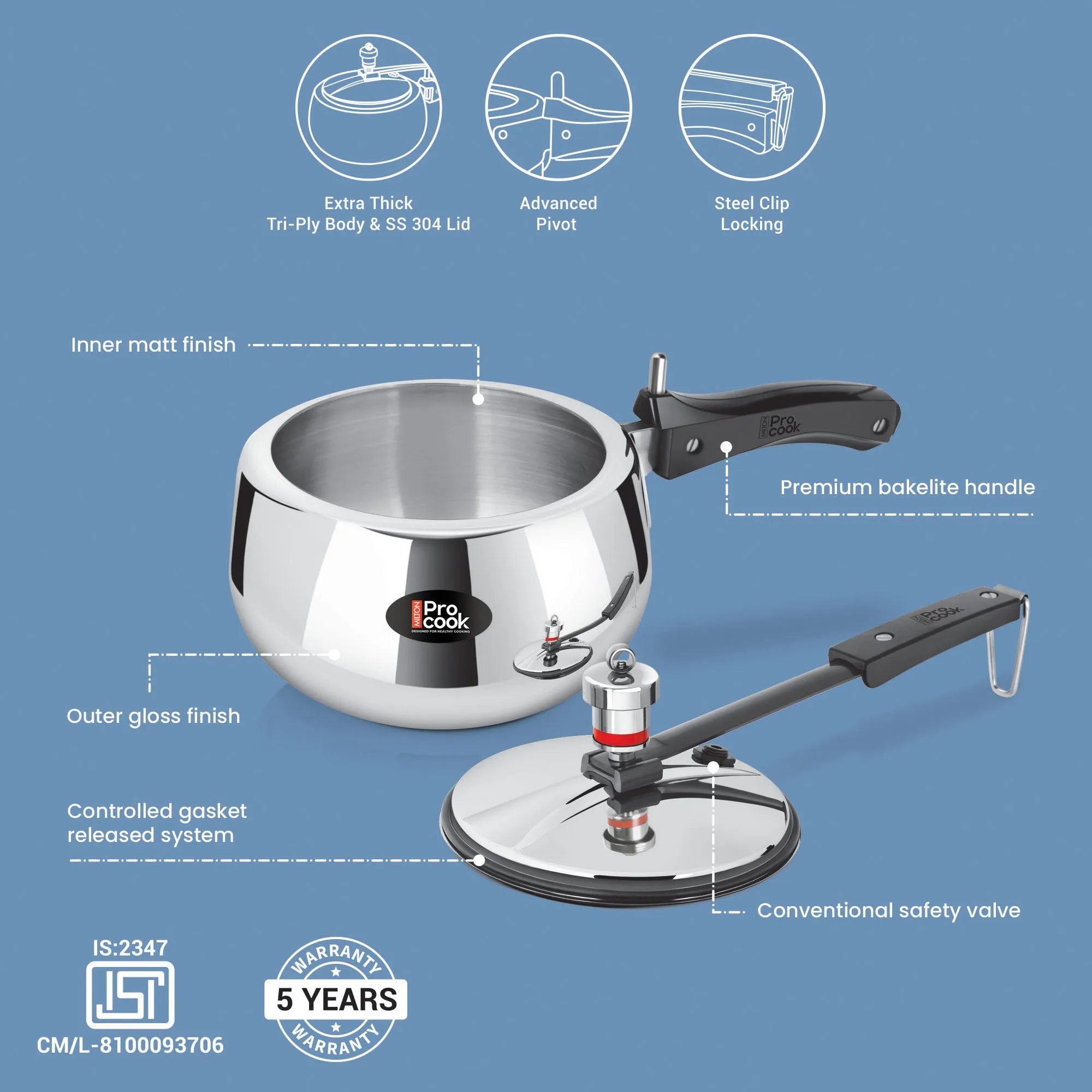 Pressure Cooker Inner Lid Curve Triply (Milton Procook) - Image 6