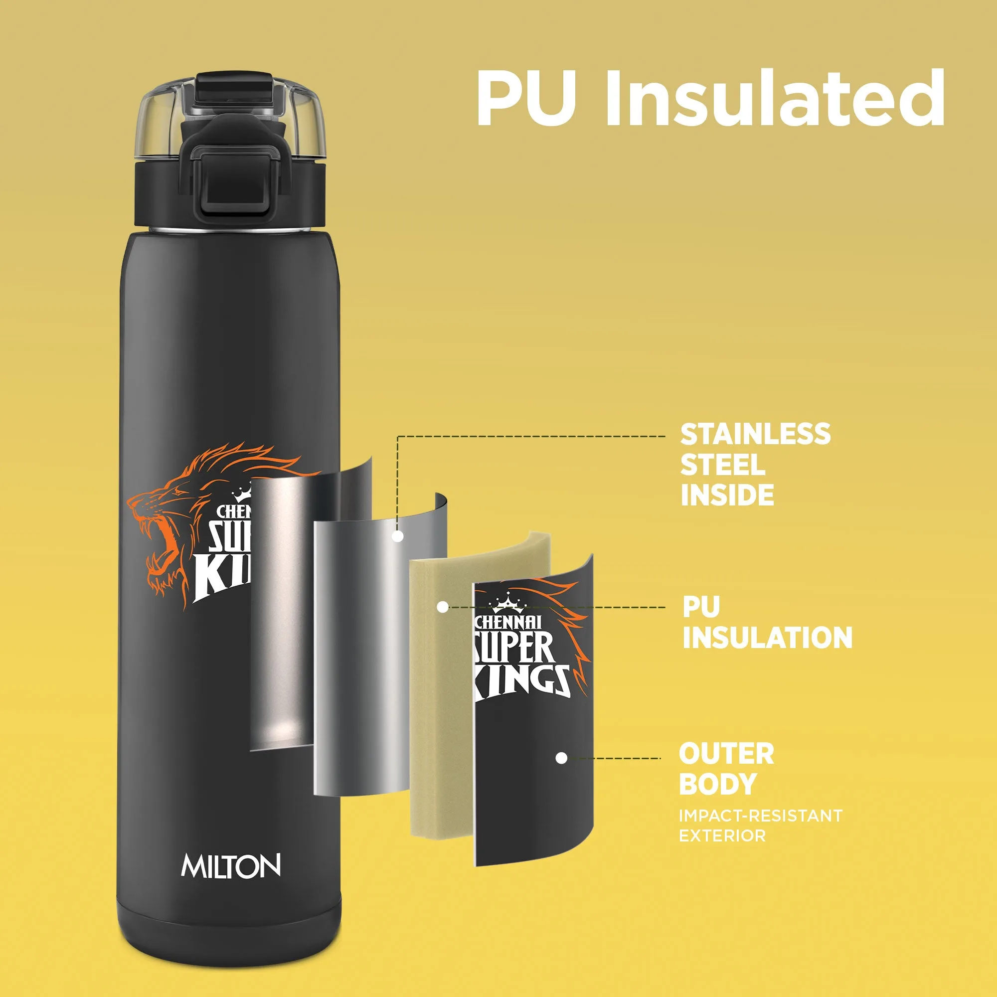 Sports Steel Edge UV Printing Thermoware Bottle With Twin Lid - Chennai Super Kings (CSK) - Milton - Image 2