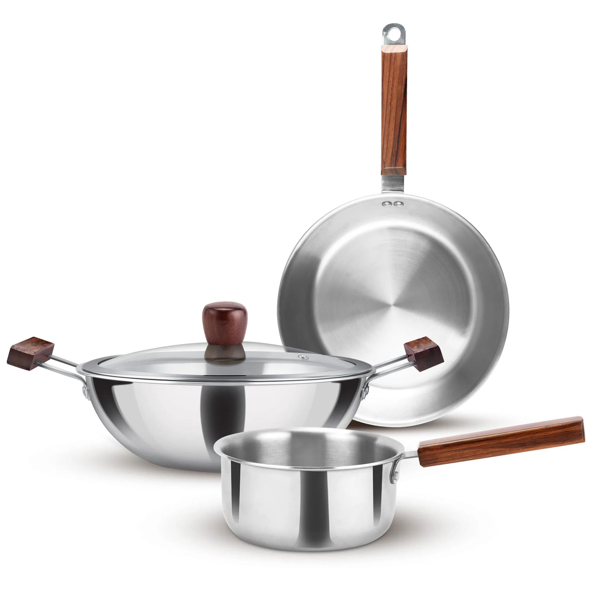 Triply 4Pc Set Sauce Pan/Frying Pan/Kadhai W Gls Lid Wooden Handle (Milton Procook) - Image 2
