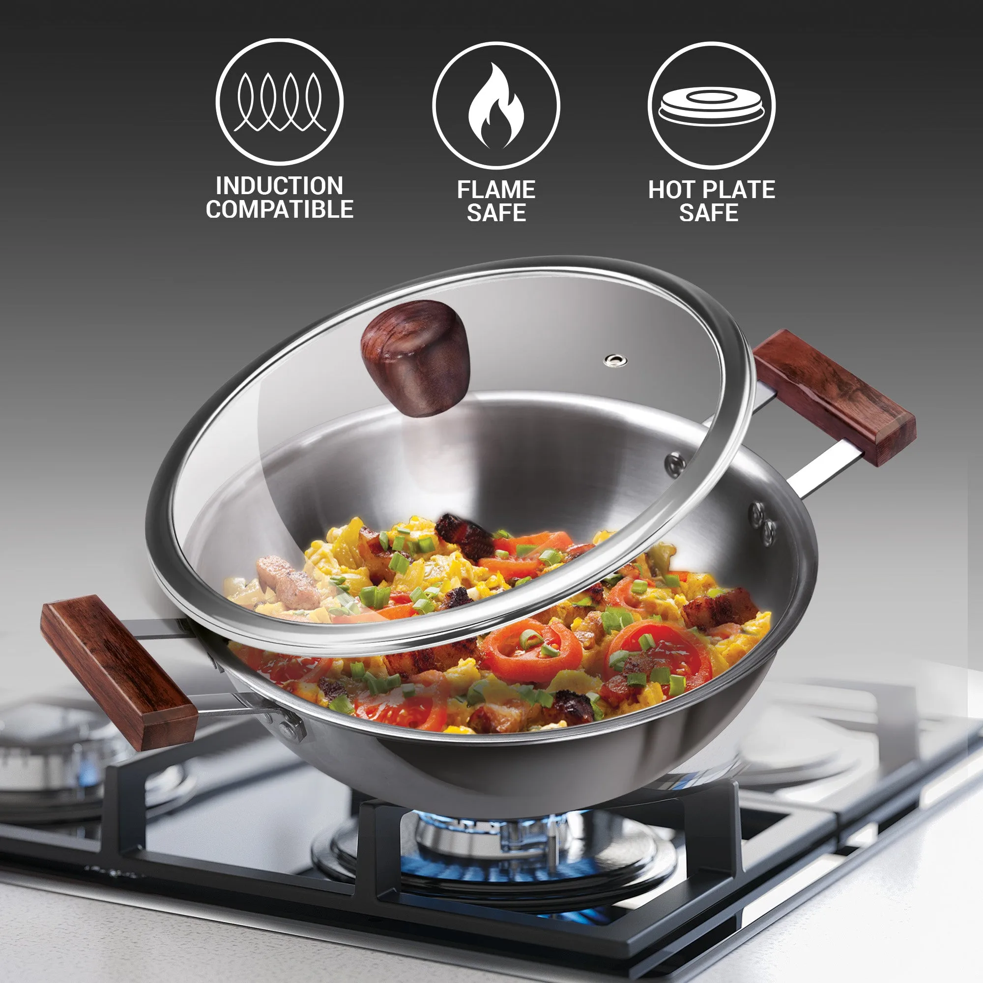 Triply 4Pc Set Sauce Pan/Frying Pan/Kadhai W Gls Lid Wooden Handle (Milton Procook) - Image 3