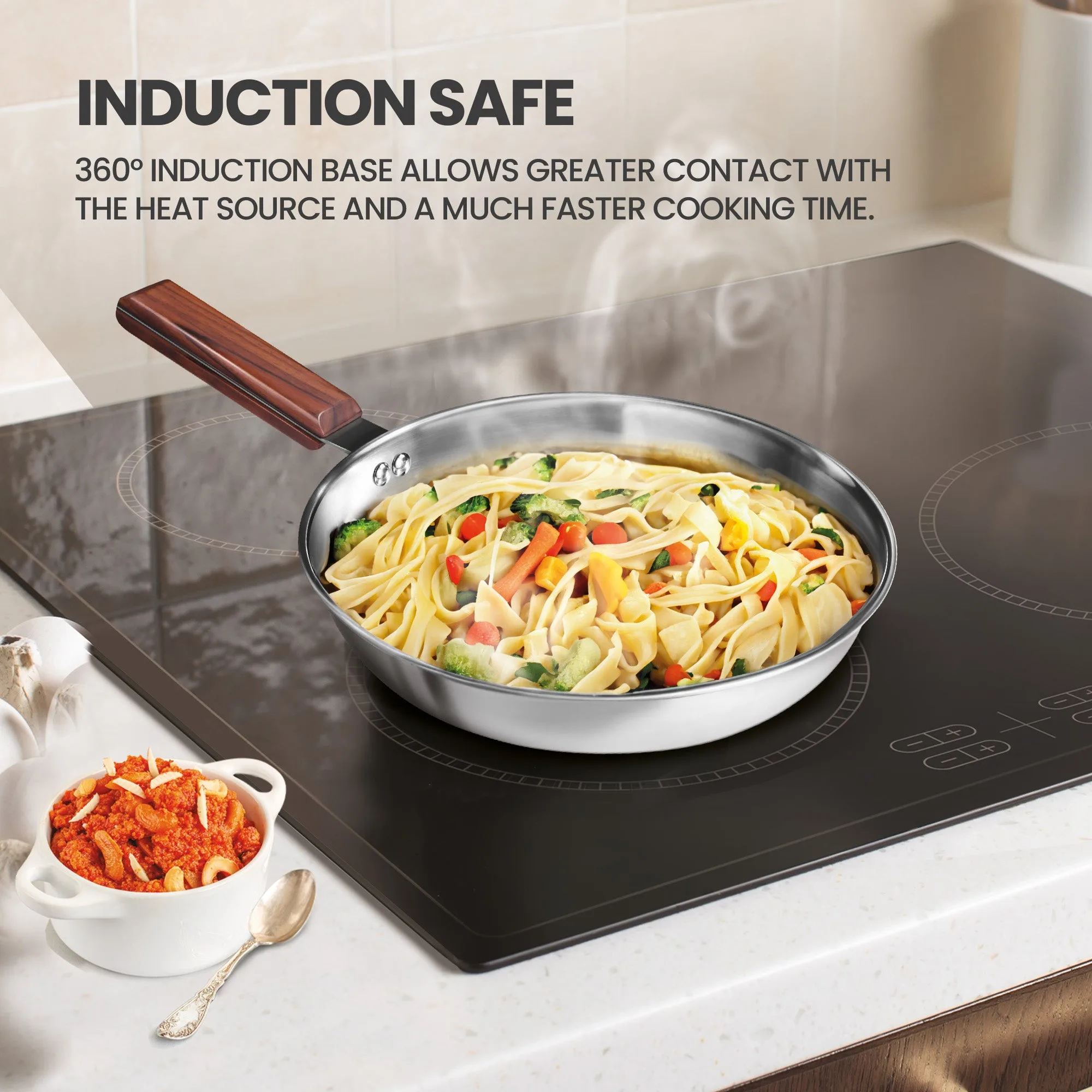 Triply 4Pc Set Sauce Pan/Frying Pan/Kadhai W Gls Lid Wooden Handle (Milton Procook) - Image 4