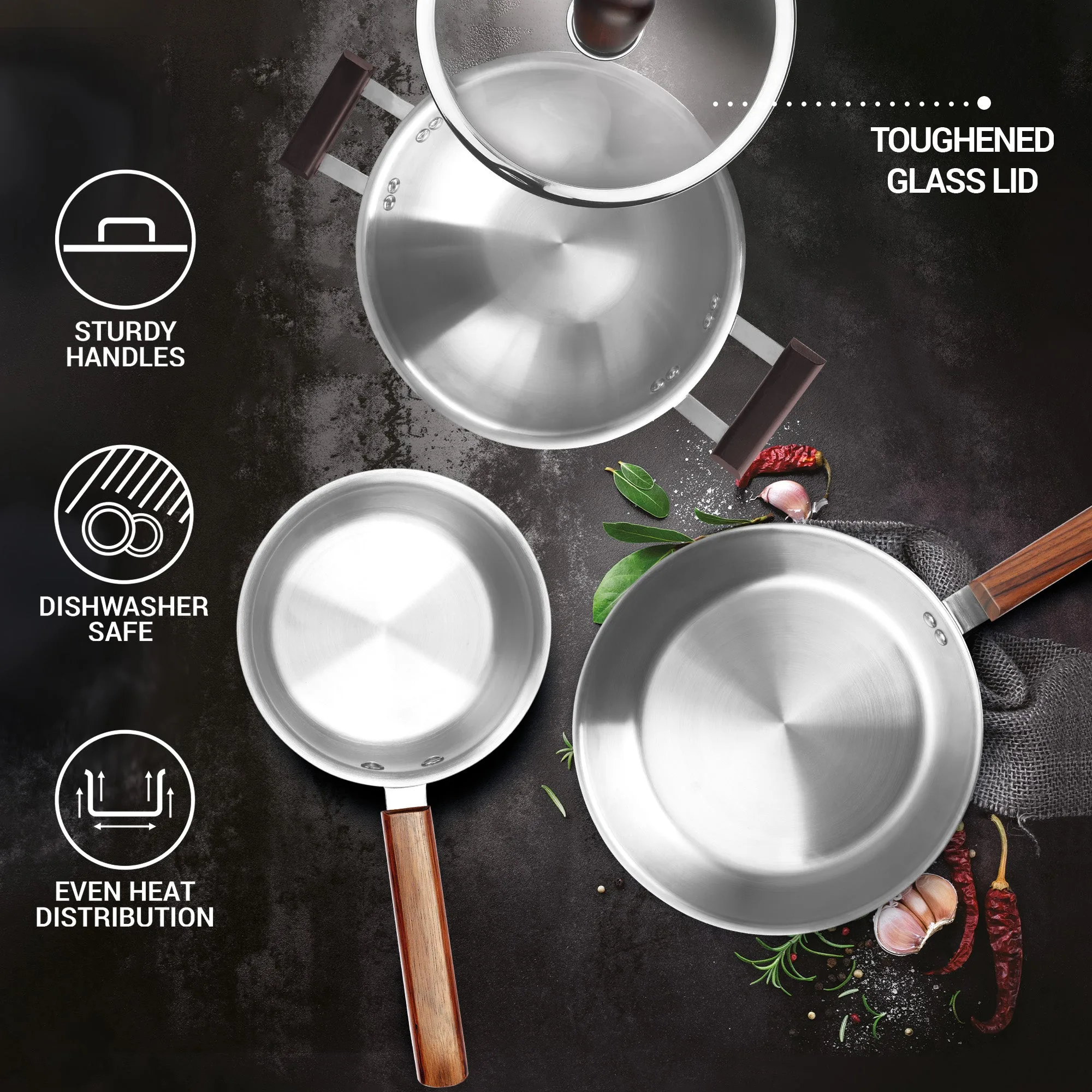 Triply 4Pc Set Sauce Pan/Frying Pan/Kadhai W Gls Lid Wooden Handle (Milton Procook) - Image 5
